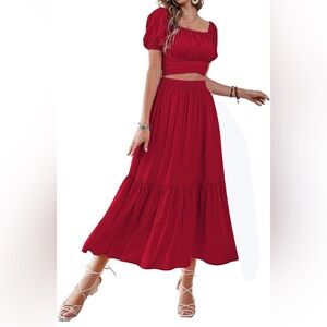 Women's 2 Pcs Outfits Wrap Tie Short Sleeve Crop Top Ruffle Maxi Skirt Set